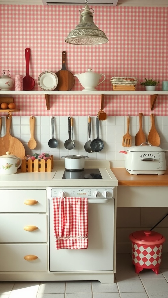 19 Gorgeous Pink Gingham Wallpaper Ideas For Your Space 6 A kitchen featuring pink gingham wallpaper, wooden shelves with utensils, and vintage appliances.