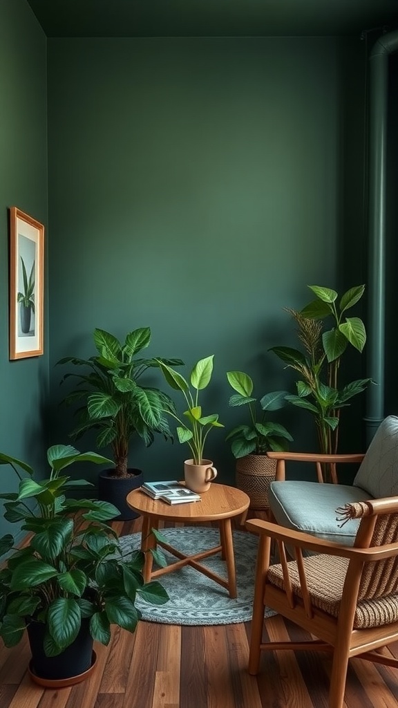 17 Creative Paint Color Inspiration Ideas 6 A cozy interior space featuring lush forest green walls, a wooden chair, and several indoor plants.