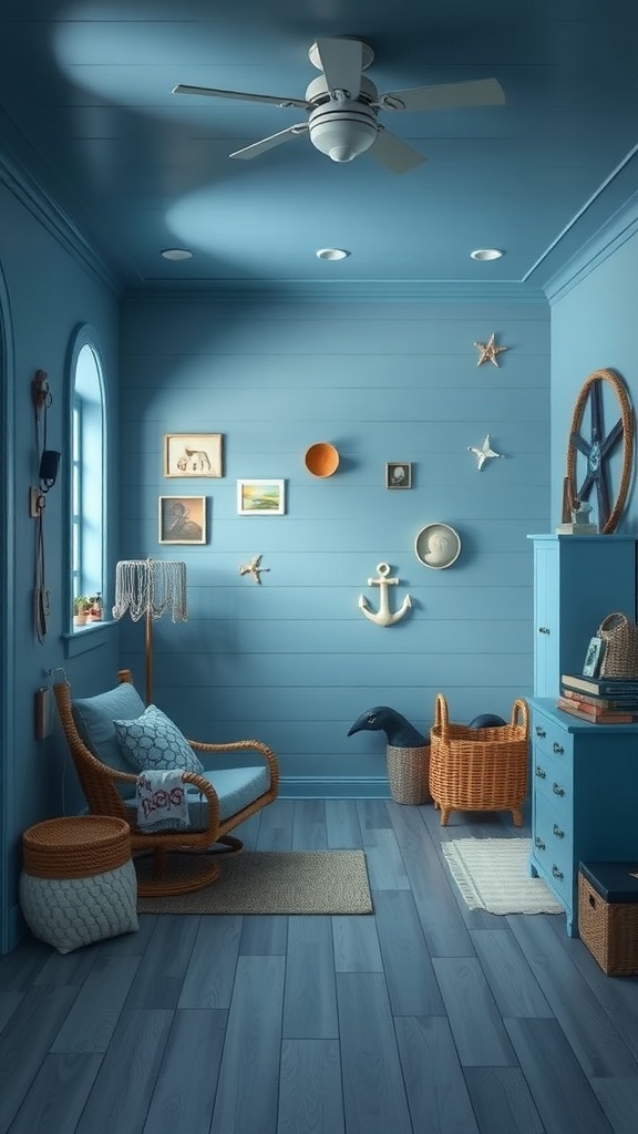 17 Creative Paint Color Inspiration Ideas 3 A cozy room painted in ocean-inspired blue hues, featuring decor elements like starfish, a fan, and woven baskets.