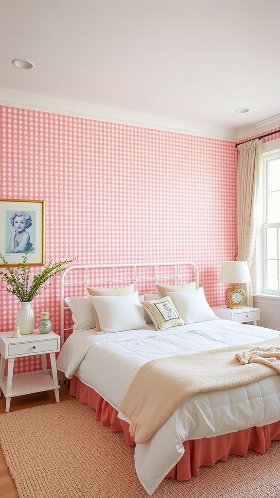 19 Gorgeous Pink Gingham Wallpaper Ideas For Your Space 3 A cozy bedroom with pink gingham wallpaper, white bedding, and soft decor.