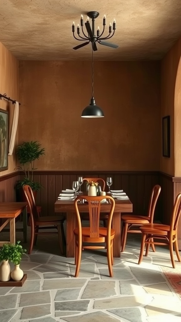 17 Creative Paint Color Inspiration Ideas 11 A dining area featuring rustic earthy brown walls, wooden furniture, and a cozy atmosphere.