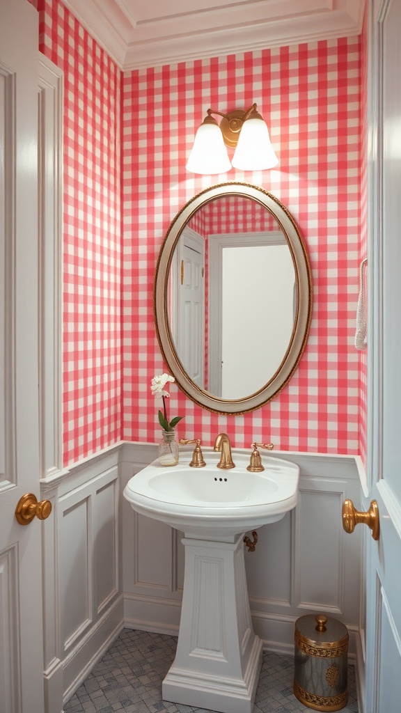 19 Gorgeous Pink Gingham Wallpaper Ideas For Your Space 11 A stylish powder room featuring bold pink gingham wallpaper, a round mirror, and a white sink.