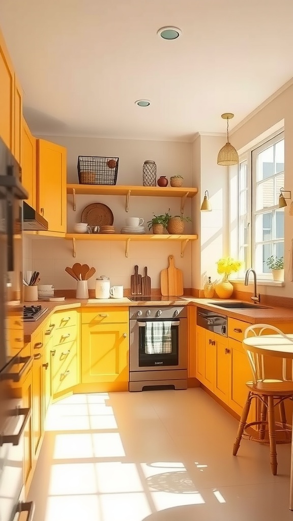 17 Creative Paint Color Inspiration Ideas 5 A bright kitchen featuring vibrant mustard yellow cabinets and shelves.