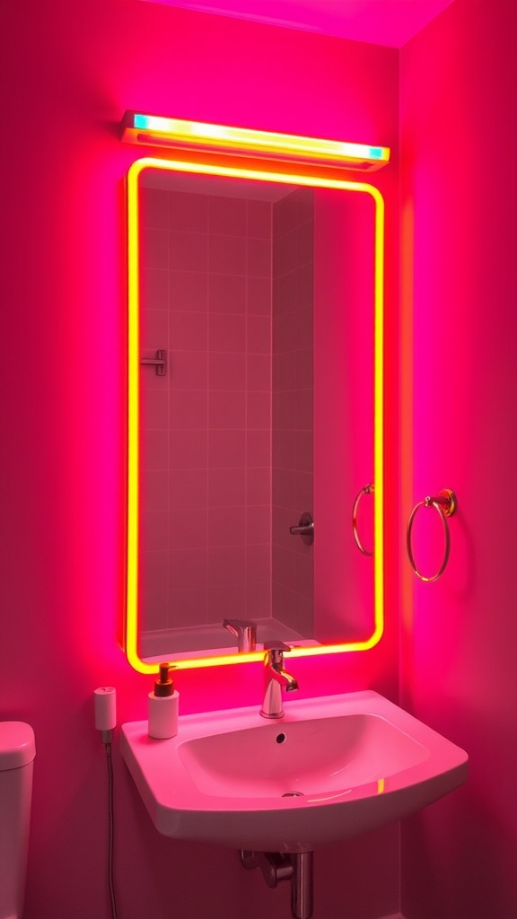13 Gorgeous Vanity Lighting Over Mirror Ideas For Your Bathroom 15 A bathroom mirror framed with colorful LED strip lighting against a pink wall.