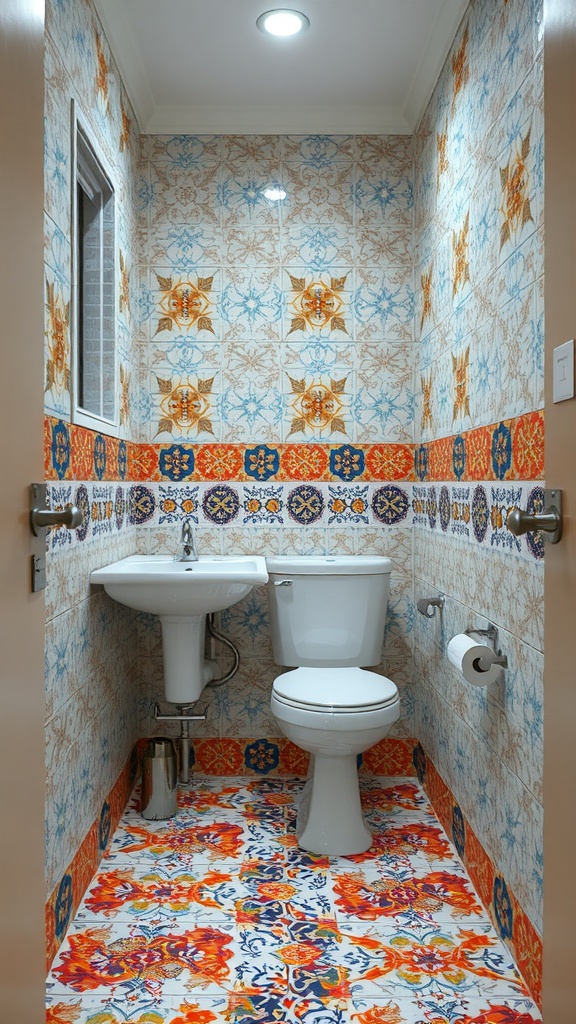 9 Small Bathroom Inspo Ideas For Your Home 8 A small bathroom featuring colorful patterned tiles on the walls and floor, with a sink and toilet.