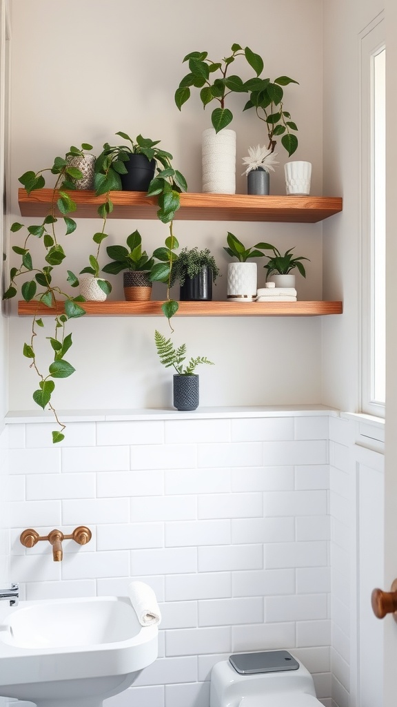 9 Small Bathroom Inspo Ideas For Your Home 10 Wooden shelves in a small bathroom displaying various plants and decorative items.