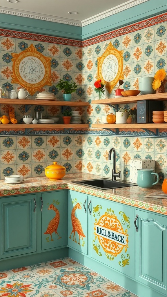 21 Kitchen Countertops Deco Ideas 11 A colorful kitchen featuring vibrant tile patterns on the walls and countertops, with decorative shelves and plants.