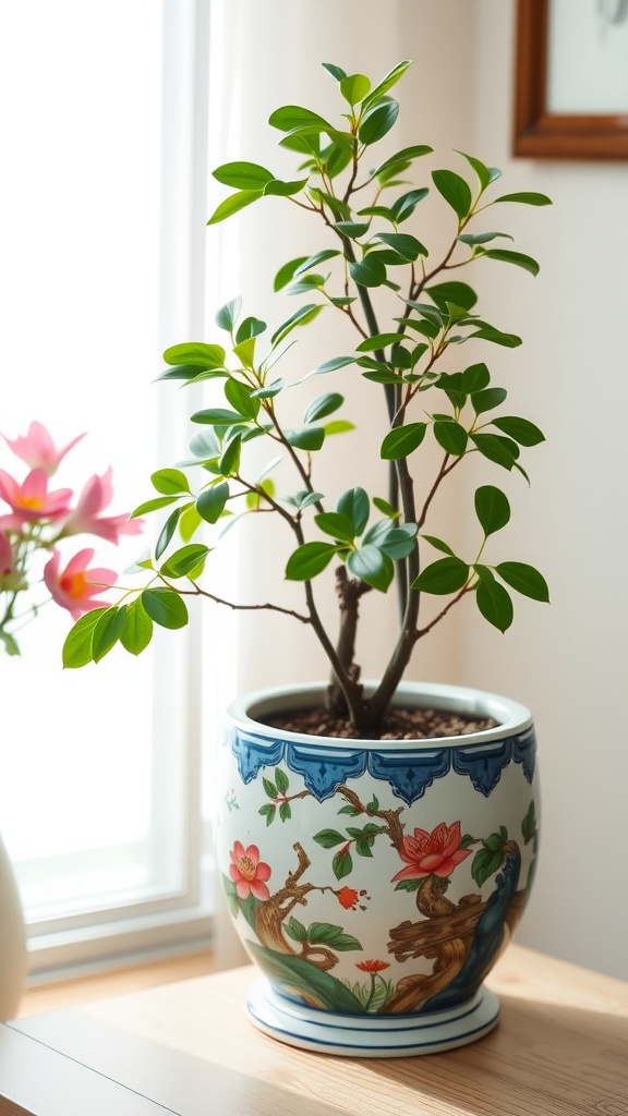 9 Gorgeous Jade Plant Ideas For Your Home 10 A decorative jade plant pot featuring intricate floral designs and a jade plant in a bright room.