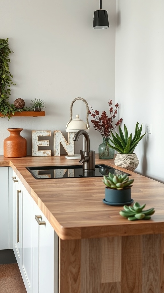 21 Kitchen Countertops Deco Ideas 10 A modern kitchen with a wooden countertop and plants, showcasing eco-friendly design.