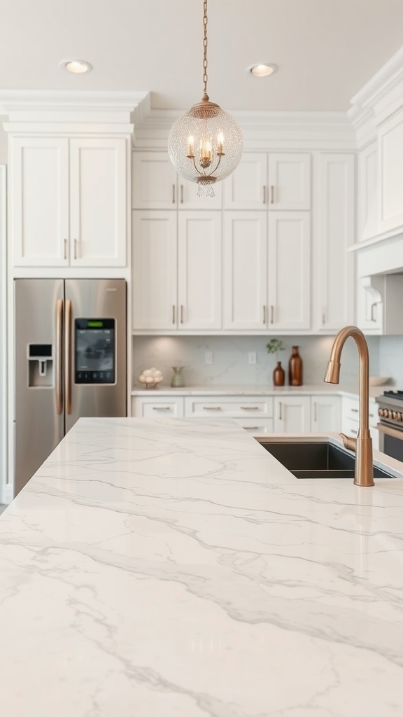 21 Kitchen Countertops Deco Ideas 7 A modern kitchen featuring a quartz countertop with light swirling patterns, white cabinetry, and a stylish pendant light.
