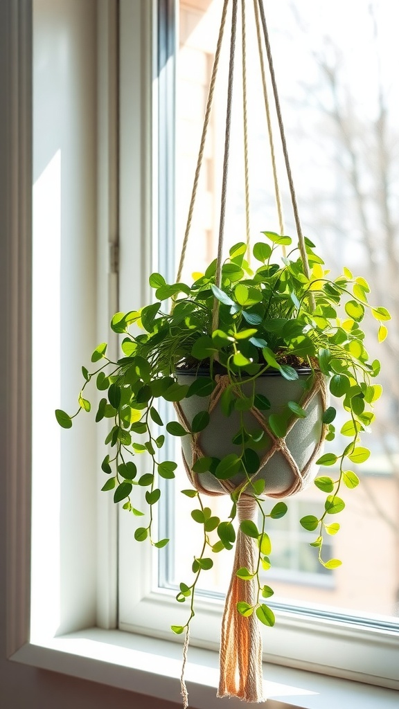 9 Gorgeous Jade Plant Ideas For Your Home 8 A green jade plant in a hanging pot near a bright window
