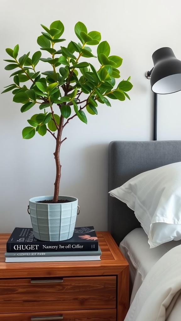9 Gorgeous Jade Plant Ideas For Your Home 12 A jade plant in a light pot sitting atop a stack of books on a wooden nightstand beside a bed.