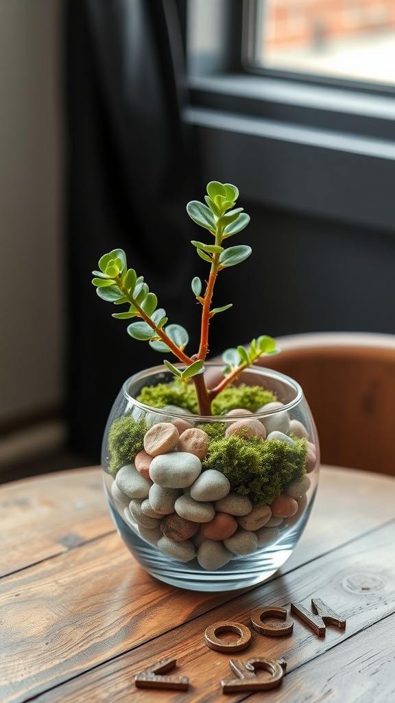 9 Gorgeous Jade Plant Ideas For Your Home 9 A jade plant in a glass terrarium filled with stones and moss, placed on a wooden table.