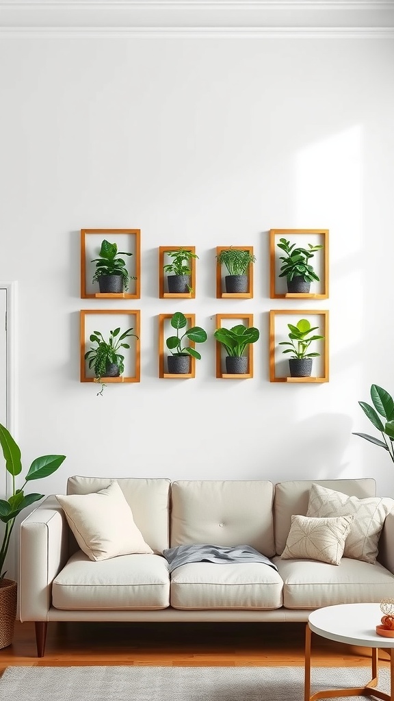 9 Gorgeous Jade Plant Ideas For Your Home 6 A stylish arrangement of jade plants in wooden frames on a white wall, complemented by a cozy sofa.