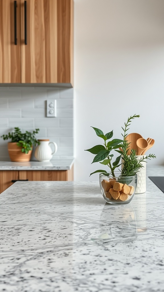 21 Kitchen Countertops Deco Ideas 9 A polished natural stone kitchen countertop with plants and decorative items