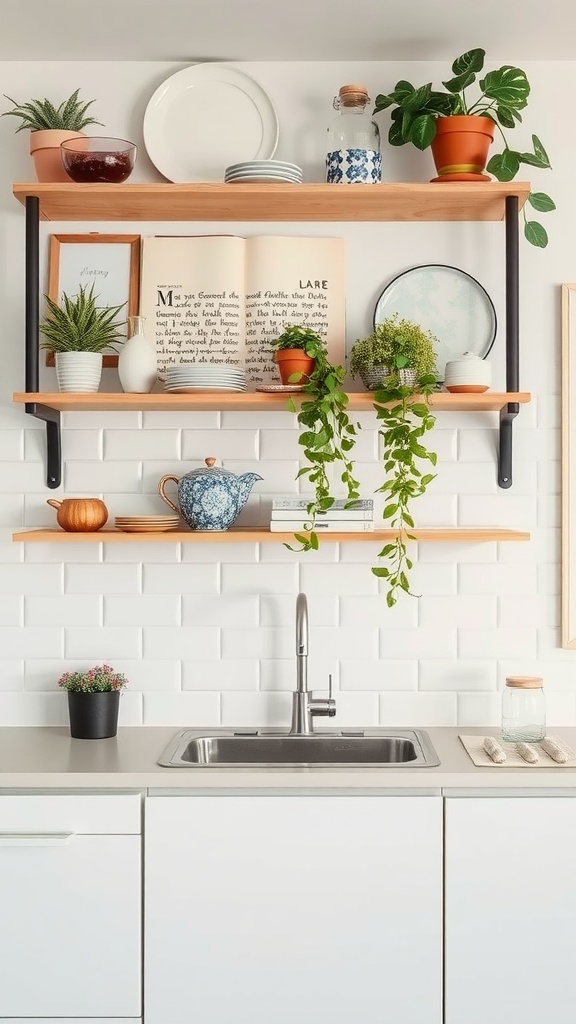 21 Kitchen Countertops Deco Ideas 12 Open shelving in a modern kitchen with plants and decorative items