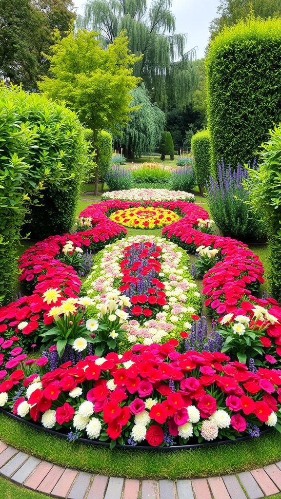 9 Garden Layout Ideas For Your Dream Garden 6 A symmetrical flower bed arrangement with vibrant flowers in reds, whites, and yellows, surrounded by neatly trimmed hedges.