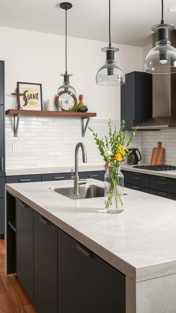21 Kitchen Countertops Deco Ideas 6 Modern kitchen with textured concrete countertop, dark cabinets, and decorative elements