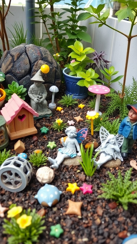9 Garden Layout Ideas For Your Dream Garden 9 A whimsical themed garden featuring miniature fairy figurines, colorful mushrooms, and vibrant plants.