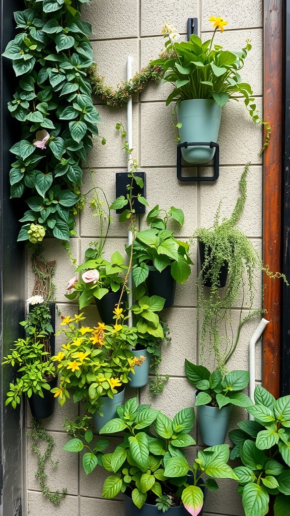 9 Garden Layout Ideas For Your Dream Garden 8 A vertical garden with various plants in pots, arranged on a wall.
