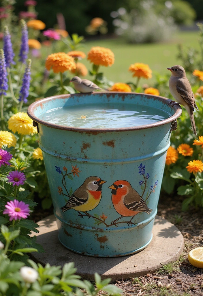 21 Cheap DIY Bird Bath Dollar Store Ideas That'll Make Your Feathered Friends Sing! - 12. Painted Bucket Bath