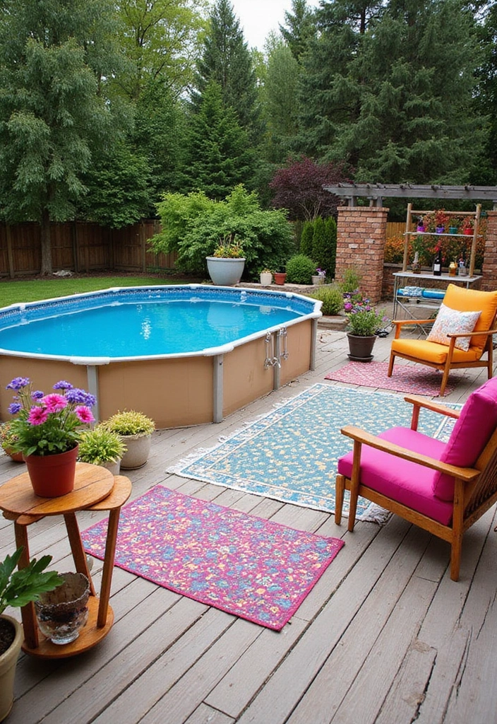 21 Above Ground Pool With Deck Off House Ideas - 10. Colorful Outdoor Lounge