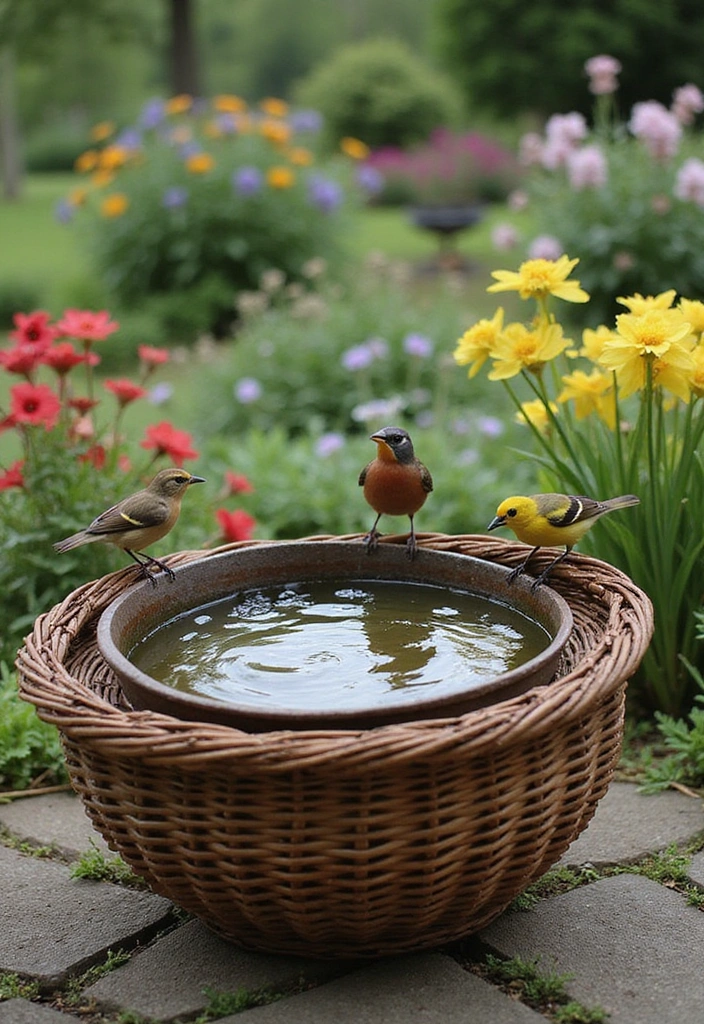 21 Cheap DIY Bird Bath Dollar Store Ideas That'll Make Your Feathered Friends Sing! - 3. Upside-Down Basket Bath