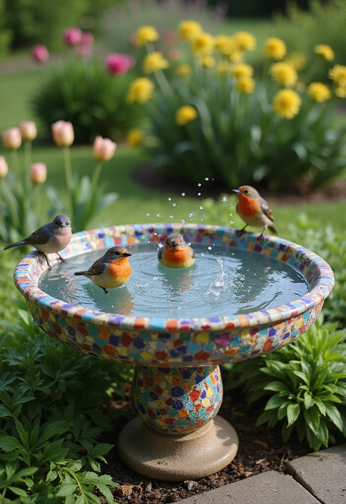 21 Cheap DIY Bird Bath Dollar Store Ideas That'll Make Your Feathered Friends Sing! - 7. Mosaic Tile Bath